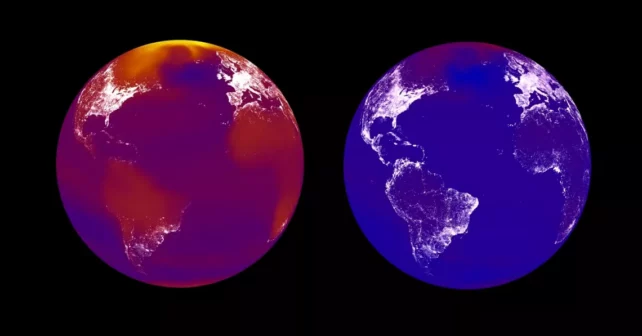 Les couleurs sont des températures de 2 100 °C dans un contexte de statu quo (à gauche, RCP8.5) et de politique climatique agressive (à droite, RCP2.6).