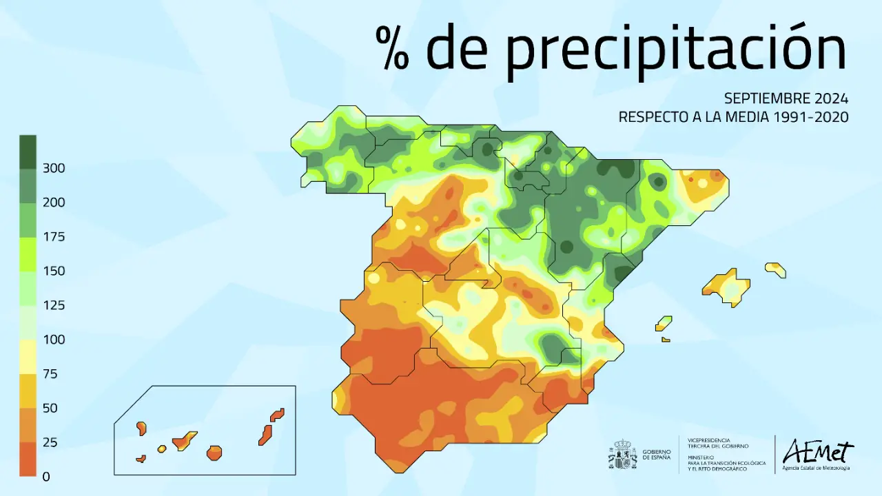 Carte Pourcentage de précipitations par rapport à la moyenne 1991-2020 en septembre 2024